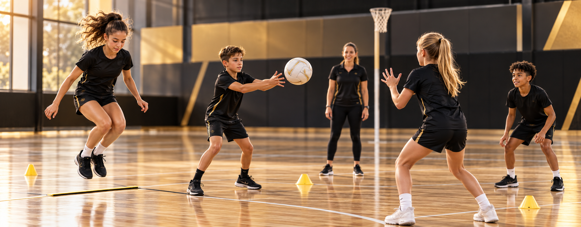 Junior athletes practising safe landing and netball passing skills under supervision